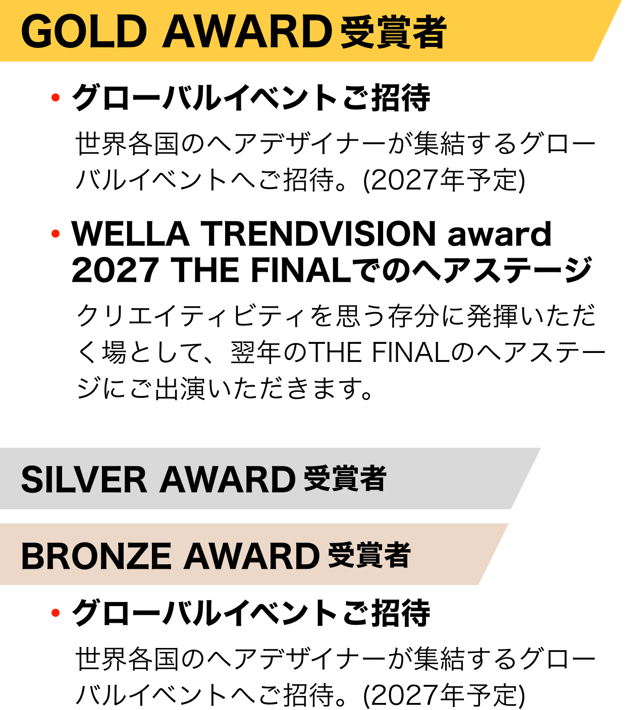 GOLD AWARD 受賞者・グローバルイベントご招待 ・WELLA TRENDVISION award 2027 THE FINALでのヘアステージ SILVER AWARD 受賞者 BRONZE AWARD 受賞者・グローバルイベントご招待